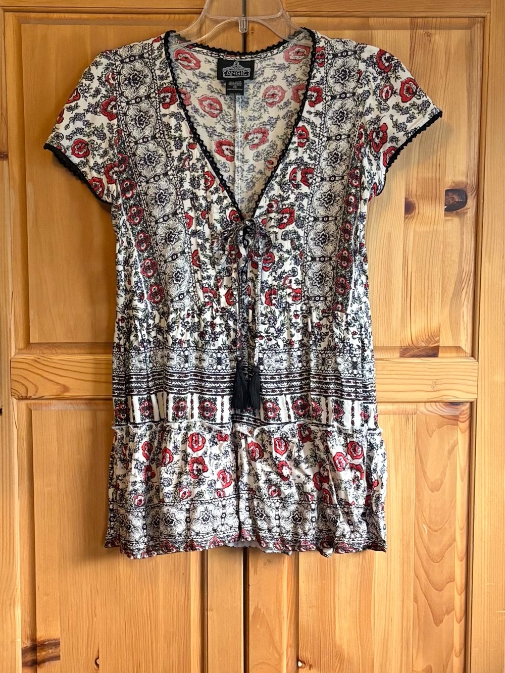 Angie Cream Tunic with Red and Black Floral Print and Tassel Tie
